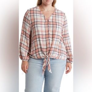 COMO VINTAGE Pucker Plaid Tie Hem Blouse